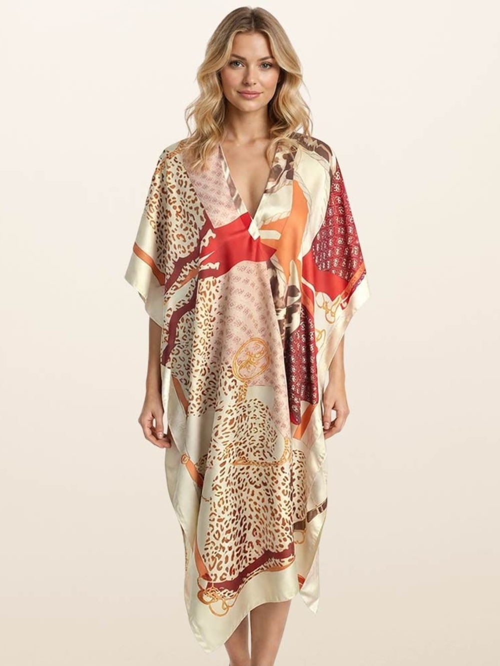 Boho Viscose Kimono Caftan in Ivory, Red & Orange KAFTAN